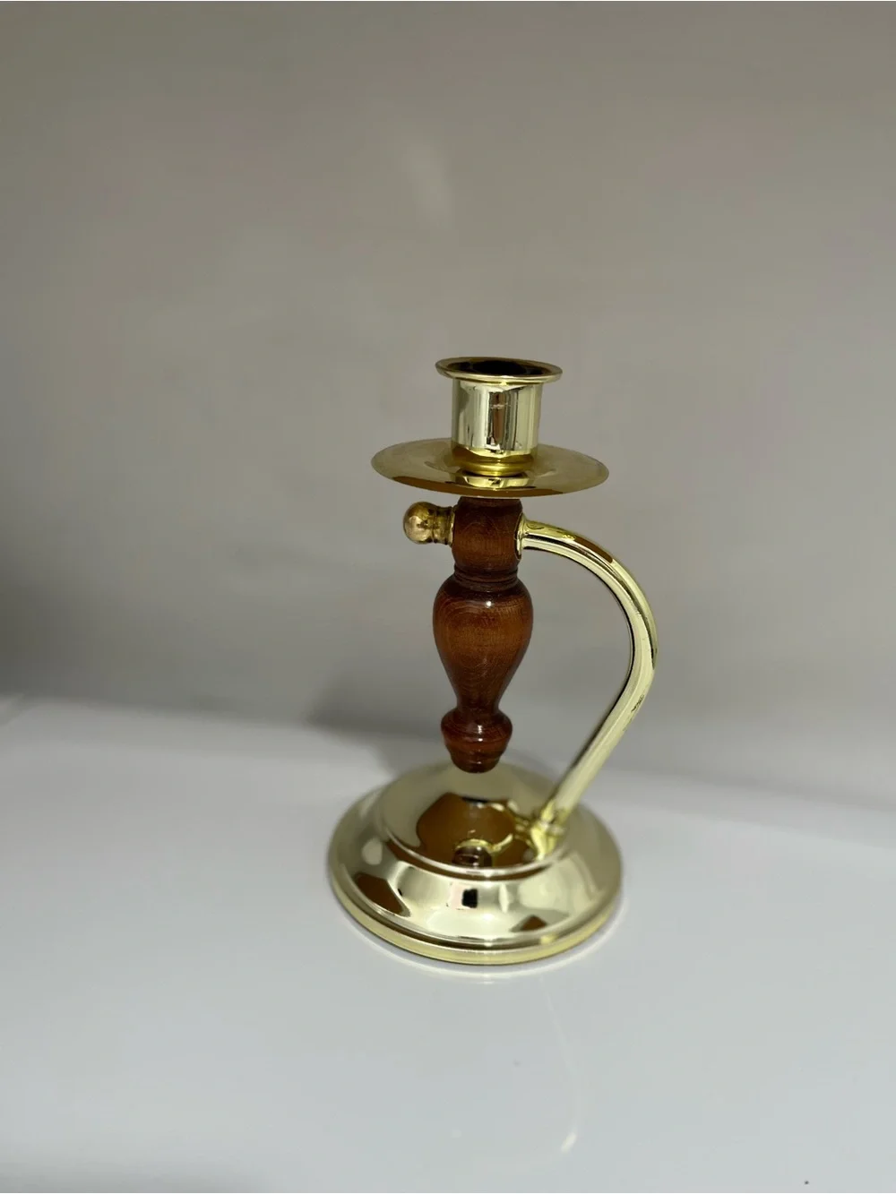 Vintage Convertible Gold-tone Metal & Wood Candle Holder w/ Clear Glass Votive